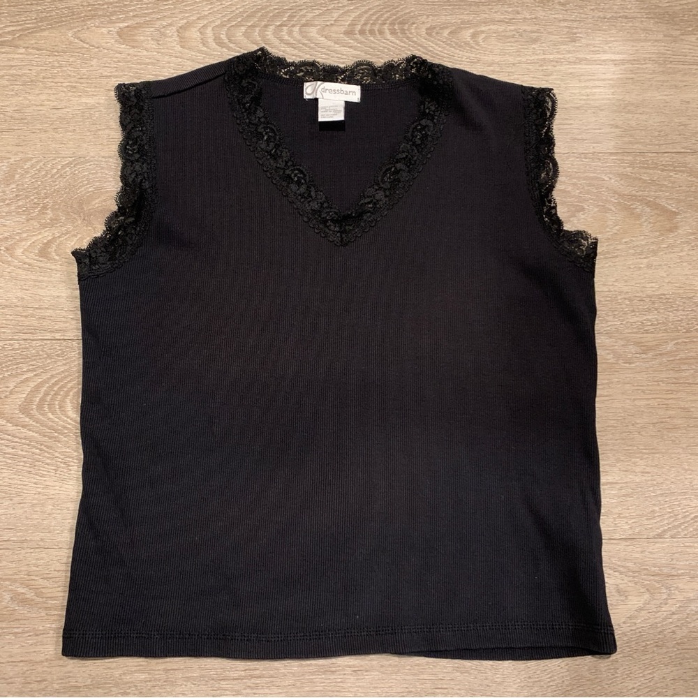 Dressbarn Black Ribbed Lace Tank Top Size L